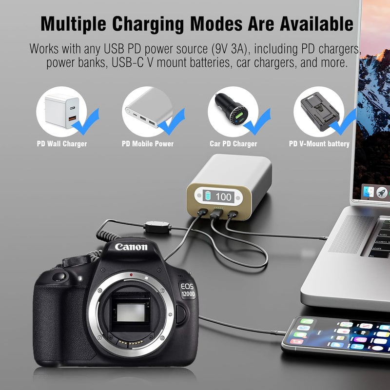 F1TP ACK-E10 LP-E10 EOS Rebel T7 Dummy Battery DR-E10 DC Coupler Kit with USB-C Cable for Canon EOS T7 T6 T5 T3, Kiss X50 X70 X80 X90, EOS 1100D 1200D 1300D 1500D 2000D Digital Camera (LP-E10) - Image 2